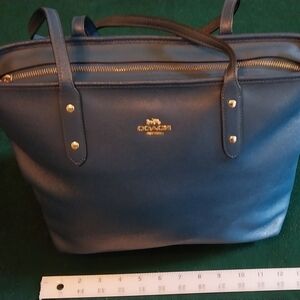 Coach Navy Blue Leather Tote with Gold Hardware